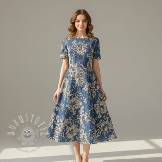 Baumwollstoff JEANS EMBROIDERY Bouquet blue