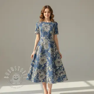 Baumwollstoff JEANS EMBROIDERY Bouquet blue