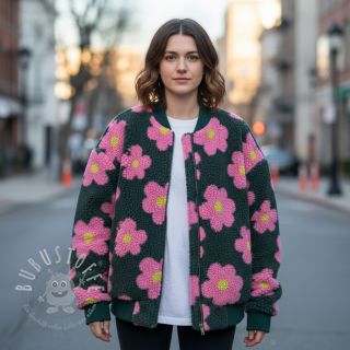 Mantelstoff TEDDY JACQUARD Flowers army green/pink