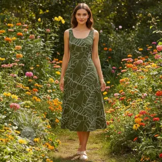 Viskosestoff leinen EMBROIDERY Leaves forest green
