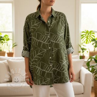 Viskosestoff leinen EMBROIDERY Leaves forest green