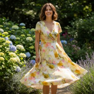 Viskosestoff SATIN Ambre yellow digital print