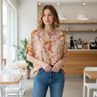 Viskosestoff SATIN Flowie Noe orange digital print