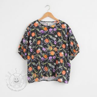 Viskosestoff SATIN Leaves and oranges digital print