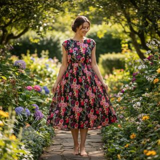 Viskosestoff SATIN Night flowers black digital print