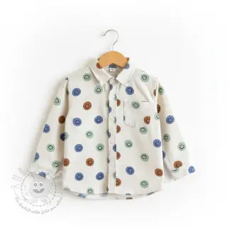 Baumwollstoff FLANNEL Happy faces off white green