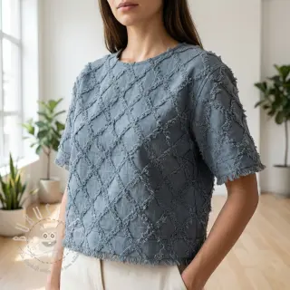Baumwollstoff mit Leinen Vintage Fringe Diamonds blue