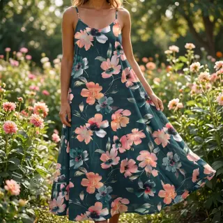 Baumwollstoff SATIN Penny flower petrol digital print