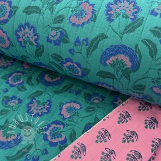 Double gauze/musselin STEPPED Flowers petrol