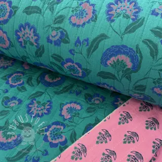 Double gauze/musselin STEPPED Flowers petrol