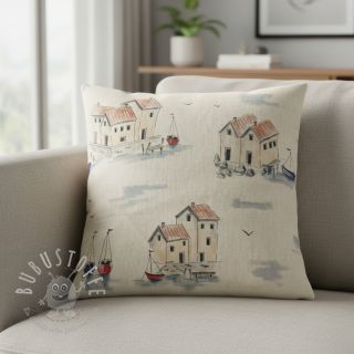 Dekostoff Linenlook Seaside House View digital print