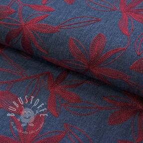 Baumwollstoff JEANS Embroidery Flowers burgundy