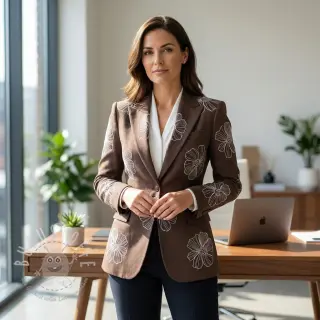 Viskosestoff leinen EMBROIDERY Flower Maya brown