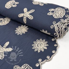 Baumwollstoff EMBROIDERY Sea ornaments navy