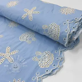 Baumwollstoff EMBROIDERY Sea ornaments light blue