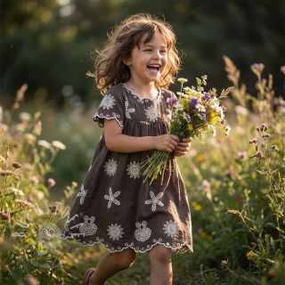 Baumwollstoff EMBROIDERY Sea ornaments brown