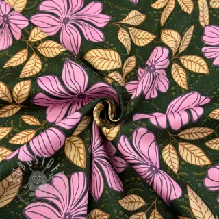 Baumwollstoff SATIN Autumn flowers dark green
