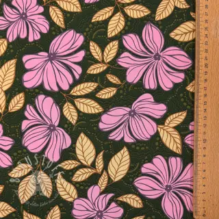 Baumwollstoff SATIN Autumn flowers dark green
