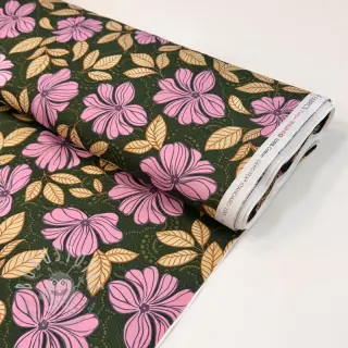 Baumwollstoff SATIN Autumn flowers dark green