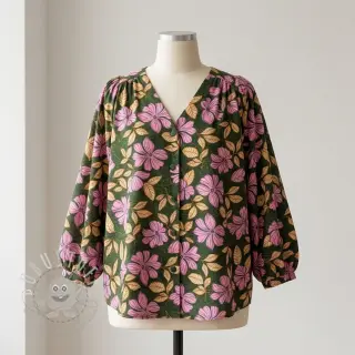 Baumwollstoff SATIN Autumn flowers dark green