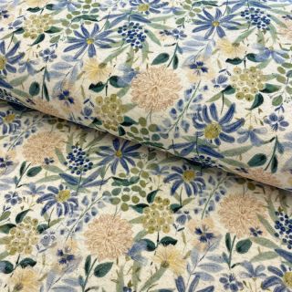 Jersey Baumwoll-Leinen Flowers ecru blue digital print