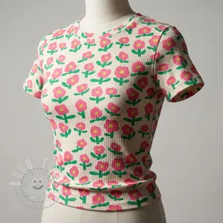 Jersey RIB JENNIFER BOURON Flowers natural pink ORGANIC