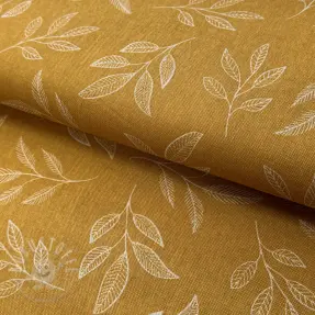 Dekostoff Linenlook Elegant leaf branch yellow