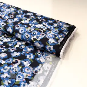 Viskosestoff POPLIN STRETCH Painted flowers navy digital print