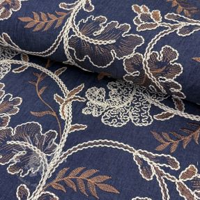 Baumwollstoff JEANS Embroidery leaves dark blue