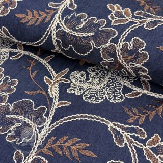 Baumwollstoff JEANS Embroidery leaves dark blue