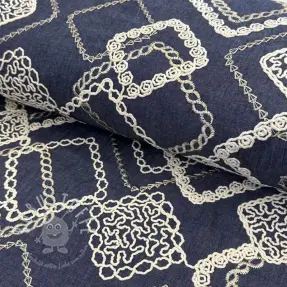 Bavlnená látka JEANS EMBROIDERY Square dark blue