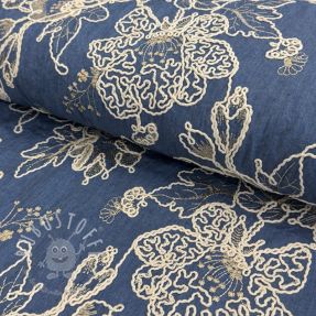 Baumwollstoff JEANS EMBROIDERY Bouquet blue