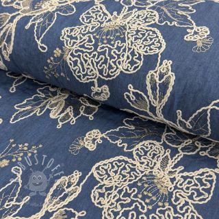 Baumwollstoff JEANS EMBROIDERY Bouquet blue