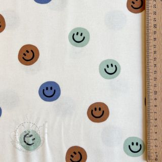 Baumwollstoff FLANNEL Happy faces off white green