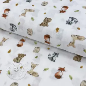 Double gauze/musselin Forest animals white digital print