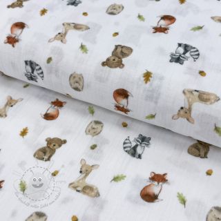 Double gauze/musselin Forest animals white digital print