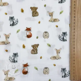 Double gauze/musselin Forest animals white digital print
