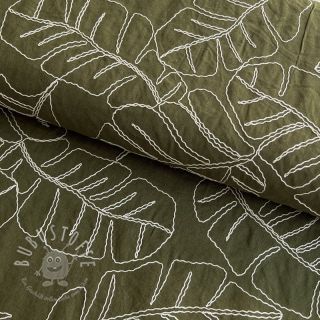 Viskosestoff leinen EMBROIDERY Leaves forest green