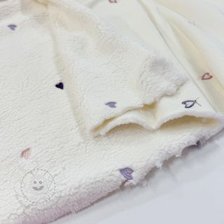 Mantelstoff TEDDY EMBROIDERY Hearts ecru